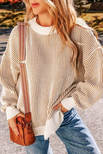 Chestnut Striped Textured Knit Contrast Edge Loose Sweater - Chic Meadow Boutique 