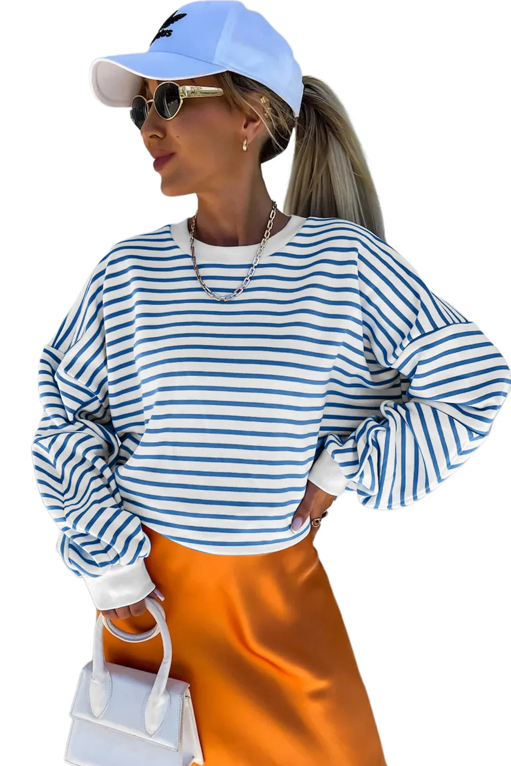 Blue Stripe Drop Shoulder Crew Neck Loose Sweatshirt - Chic Meadow Boutique 