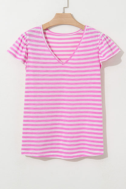 Bonbon Striped V Neck Ruffle Short Sleeve Top
