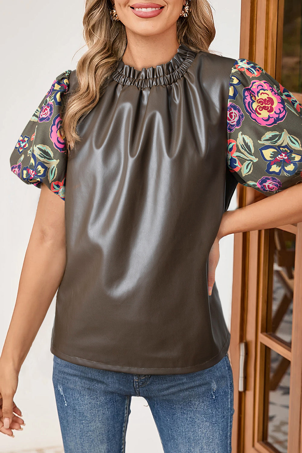 Floral Bubble Sleeve Patchwork Leatherette Frilled Round Neck Blouse