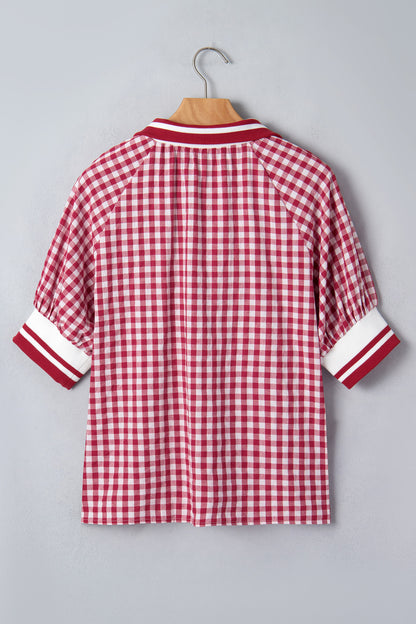 Red Gingham Striped Patchwork Half Zip Blouse