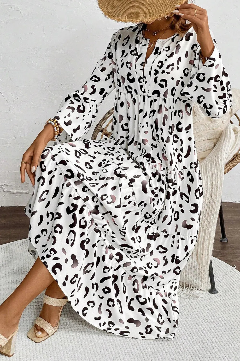 White Leopard Print Notch V Neck Loose Fit Maxi Dress - Chic Meadow Boutique 