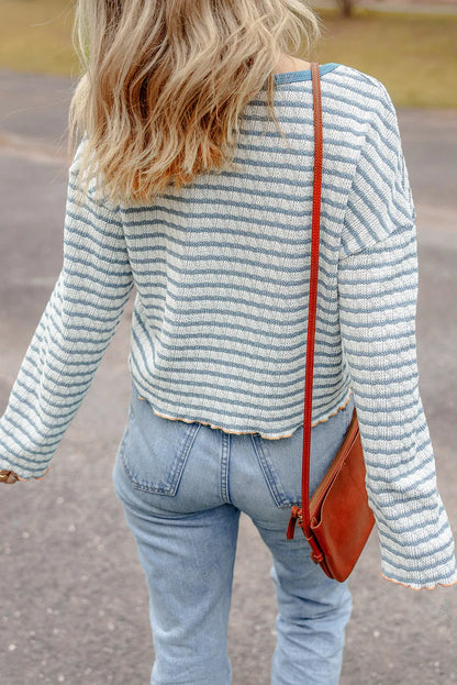 Sky Blue Stripe Textured Frilly Trim Buttons Henley Long Sleeve Top - Chic Meadow Boutique 