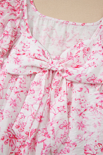 Pink Floral Ruffled Short Sleeve Bow Back Square Neck Blouse