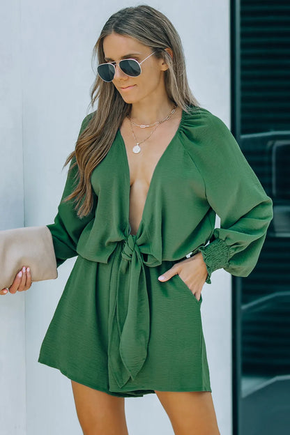 Green Tie Knot Puff Long Sleeve Romper - Chic Meadow Boutique 