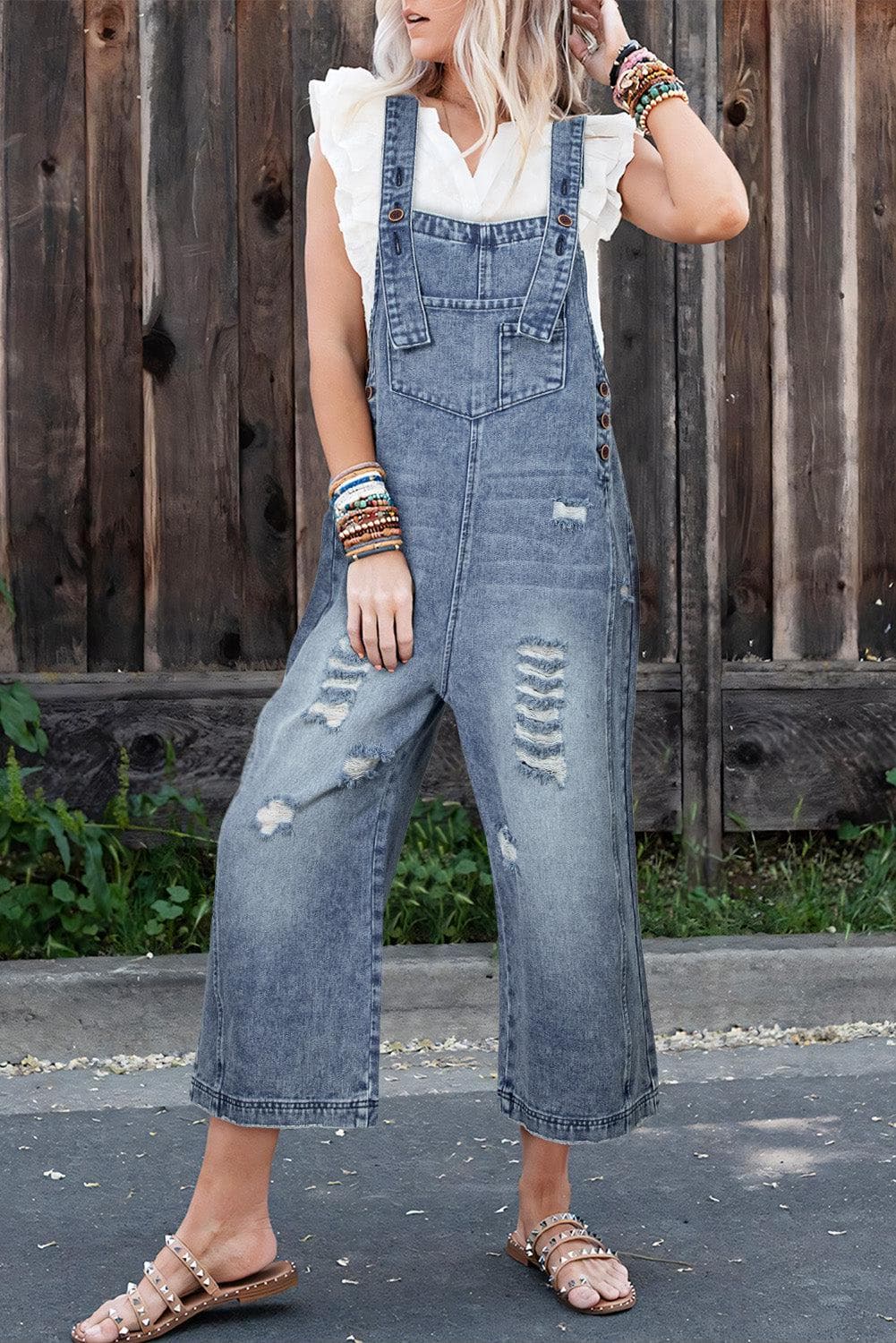 Bottoms/Jumpsuits & Rompers Stone Blue / S / 75%Cotton+25%Polyester Stone Blue Distressed Bib Pocket Wide Leg Denim Overall