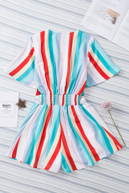 Multicolor Stripe Print Tie V Neck Flowy Romper - Chic Meadow Boutique 