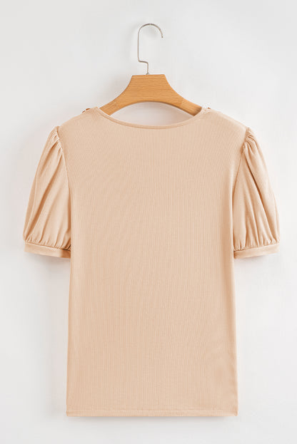 Pale Chestnut Crochet Floral V Neck Textured Short Sleeve Blouse