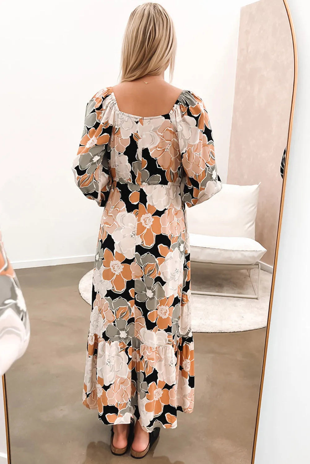 Tie Waist Puff Sleeve Bold Floral Maxi Dress - Chic Meadow Boutique 