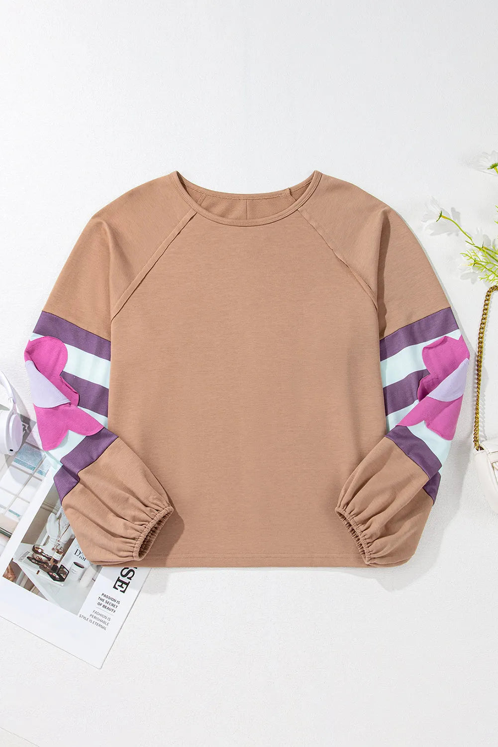 Dune Flower Patchwork Raglan Sleeve Exposed Seam Oversized Top - Chic Meadow Boutique 