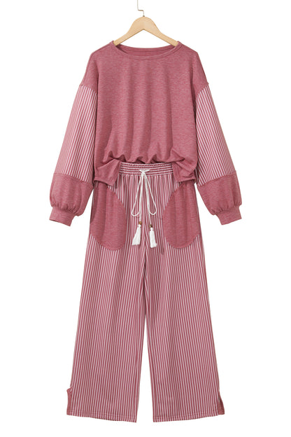 Fushia Raw Seam Patchwork Long Sleeve Top Pocket Casual Pants 2pcs Set