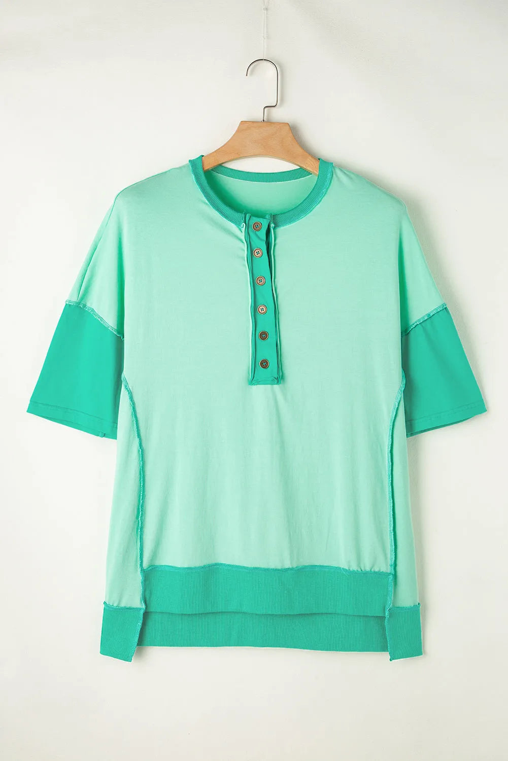 Bright Green Contrast Color Patchwork Half Button T Shirt - Chic Meadow Boutique 