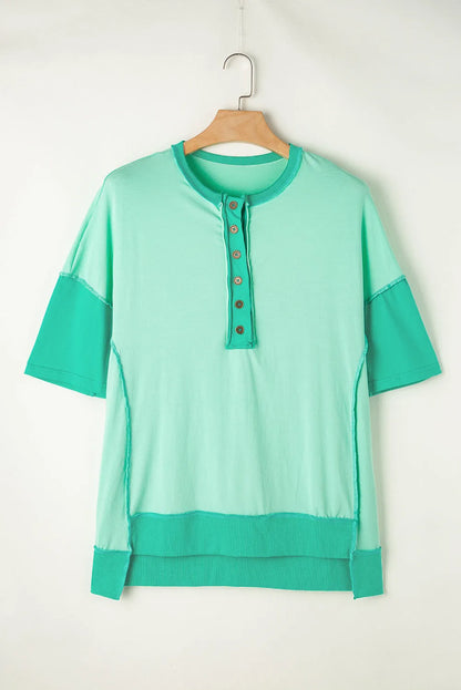 Bright Green Contrast Color Patchwork Half Button T Shirt - Chic Meadow Boutique 