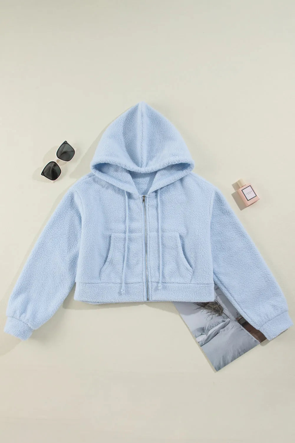 Beau Blue Cropped Sherpa Zip Up Hoodie - Chic Meadow Boutique 