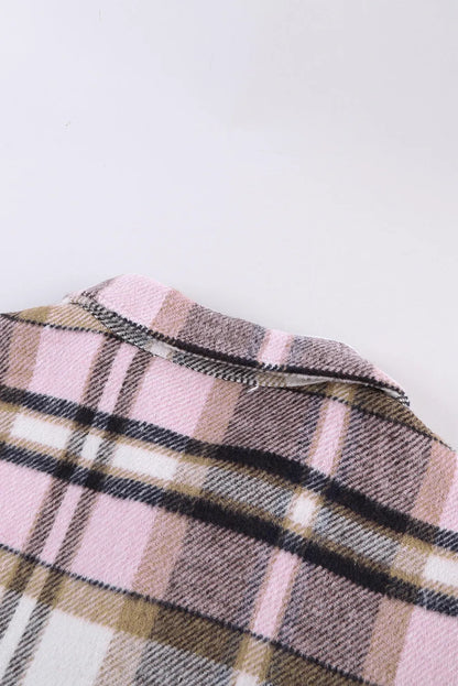 Pink Geometric Plaid Print Pocketed Shacket - Chic Meadow Boutique 