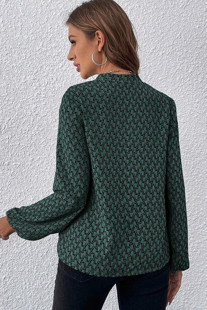 Green Geometric Print Notched Neck Puff Sleeve Blouse