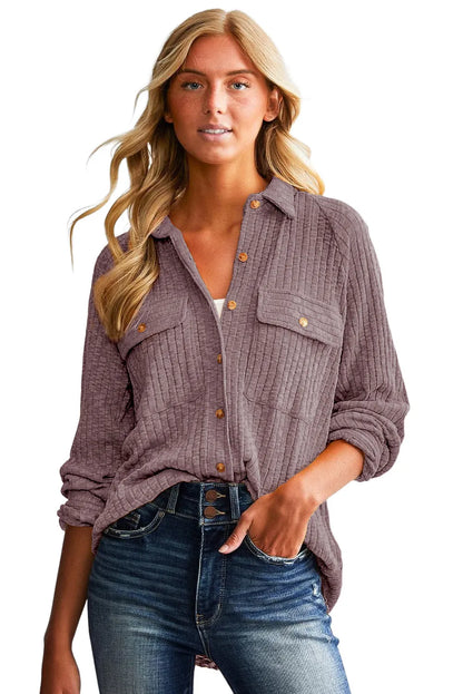 Purple Button Flap Pocket Ribbed Knit Shacket - Chic Meadow Boutique 