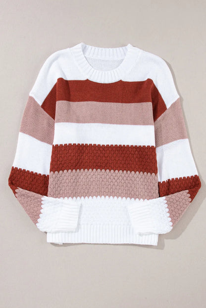 Red Stripe Cable Knit Drop Shoulder Sweater - Chic Meadow Boutique 