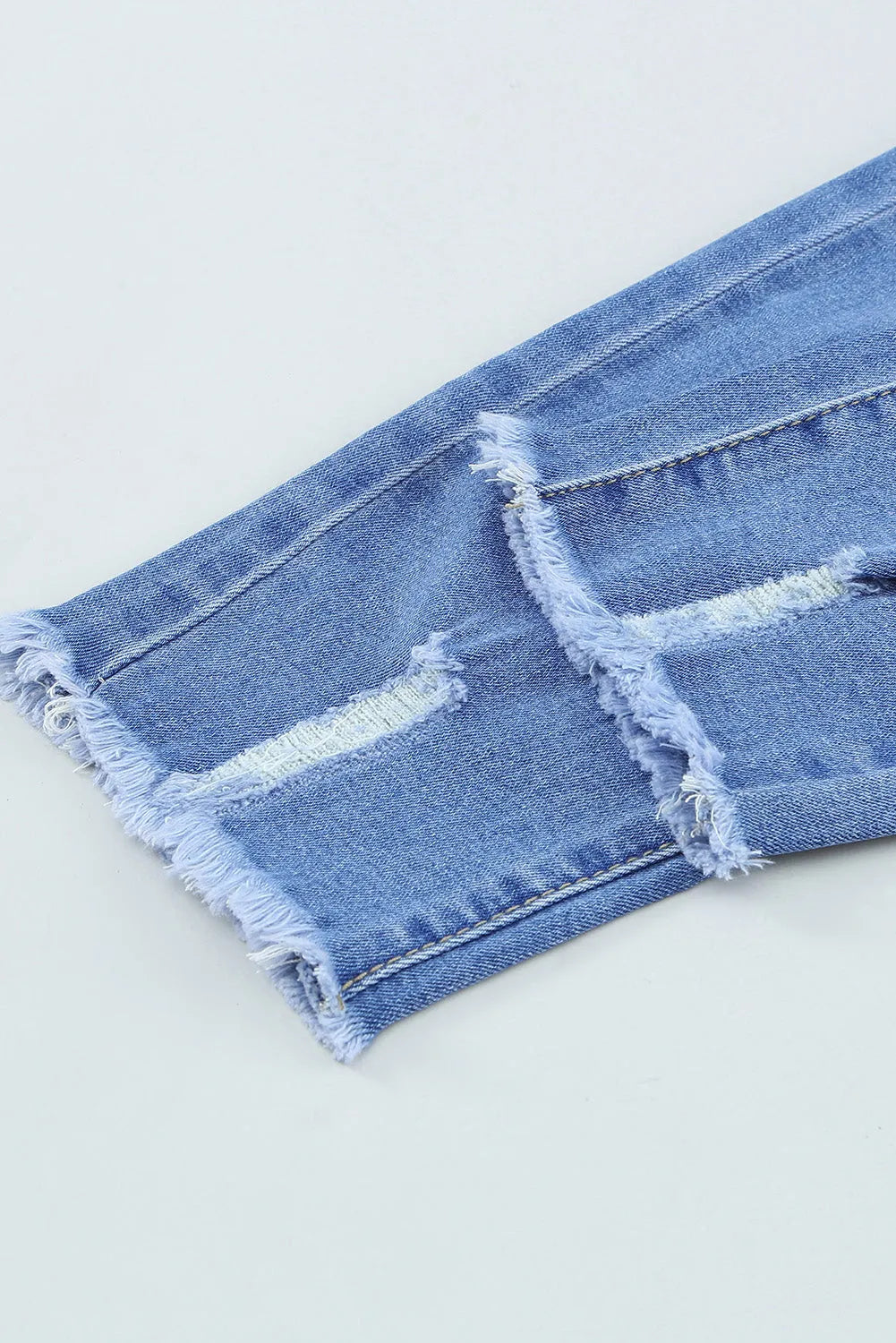 Sky Blue Drawstring Elastic Waist Hole Ripped Jeans - Chic Meadow Boutique 