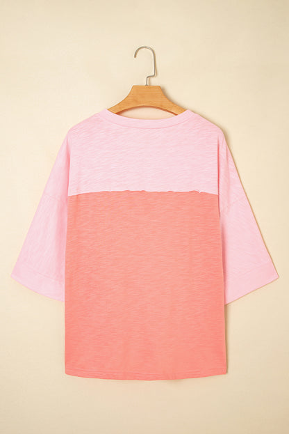 Pink Flower Patched Exposed Seam Bracelet Sleeve Oversized T Shirt