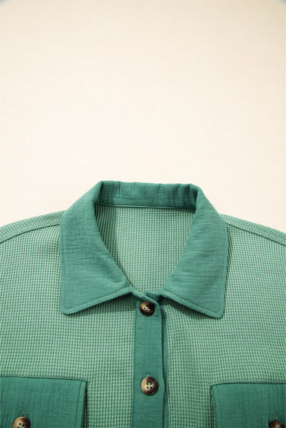 Grass Green Waffle Knit Vintage Patchwork Button Up Loose Shirt