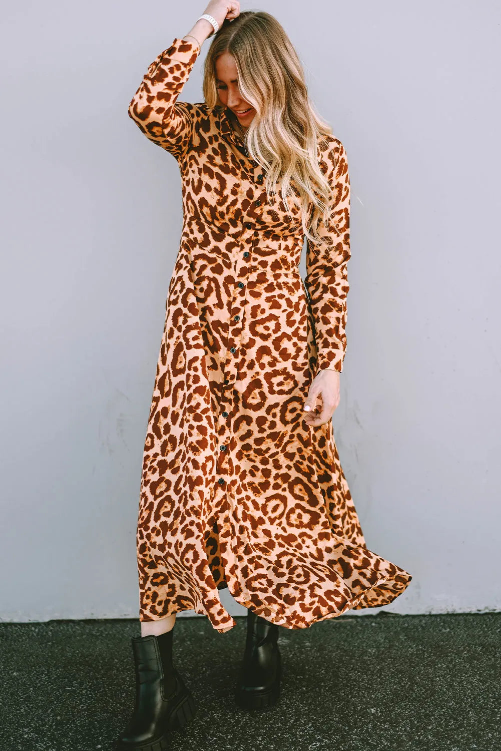 Leopard Button-Up Long Sleeve Maxi Dress - Chic Meadow Boutique 