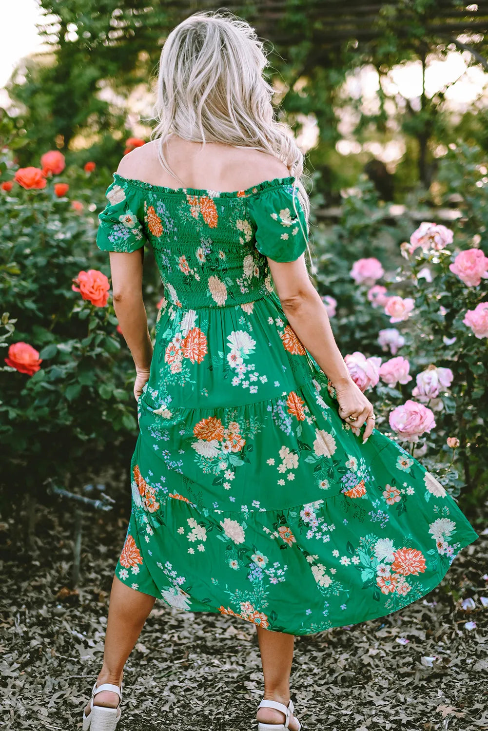 Green Floral Print Bubble Sleeve Smocked Tiered Midi Dress - Chic Meadow Boutique 