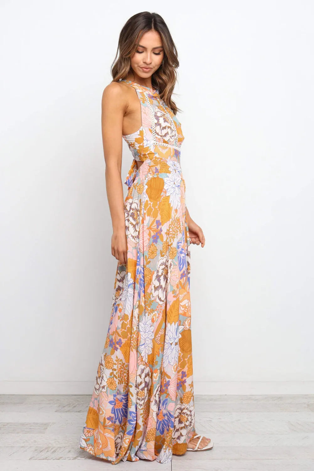 Orange Boho Floral Backless Lace up Sleeveless Maxi Dress - Chic Meadow Boutique 