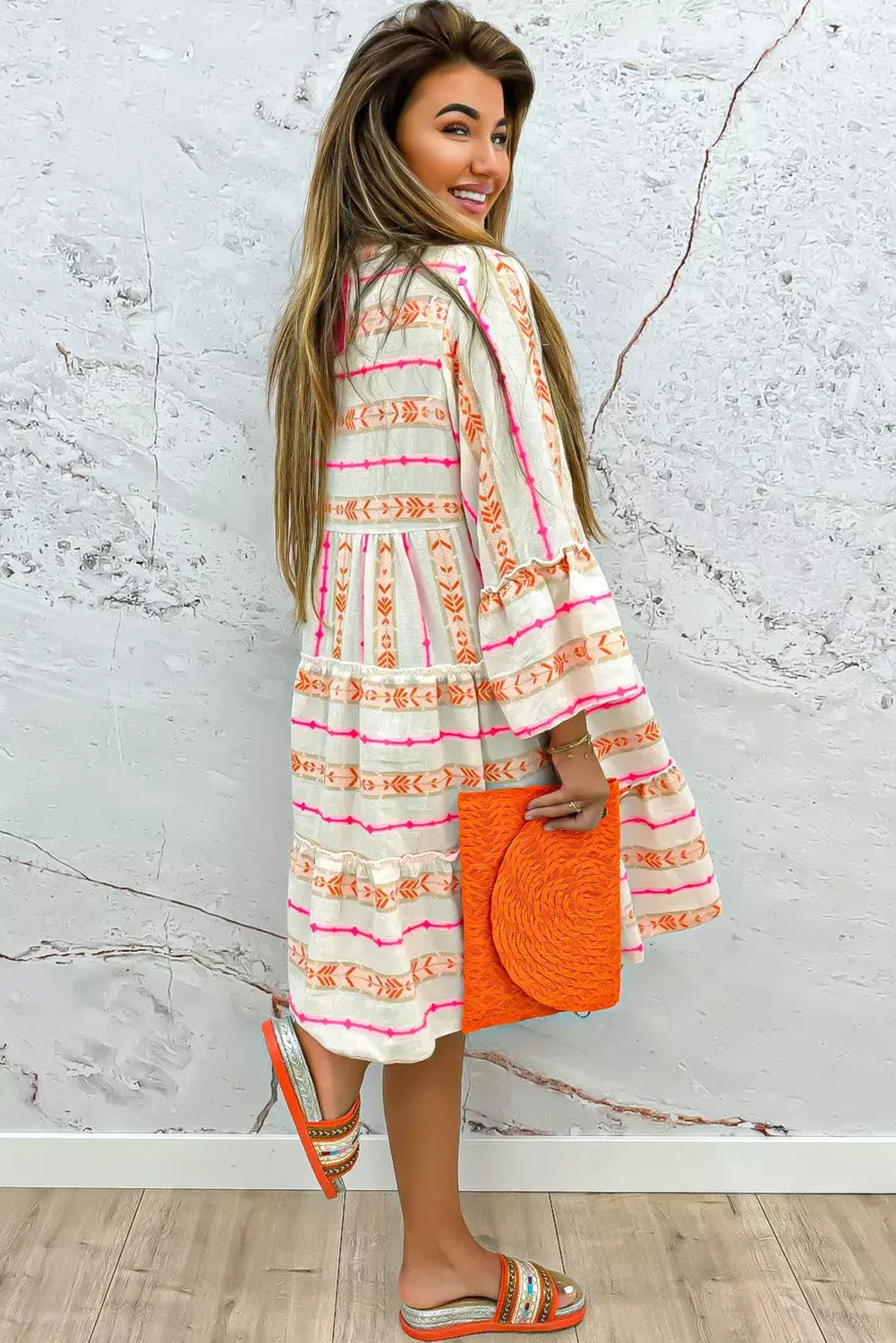 Orange Bohemian Printed Bracelet Sleeve Slit Neck Ruffled Loose Dress - Chic Meadow Boutique 