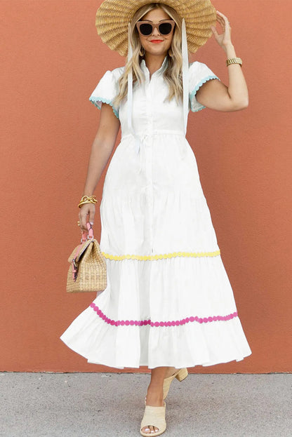 White Colorblock Rickrack Trim Short Sleeve Drawstring Waist Long Dress - Chic Meadow Boutique 