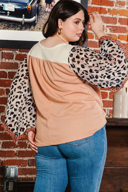 Plus Size/Plus Size Tops/Plus Size Blouses & Shirts Khaki Printed Plus Ruffle Leopard Sleeve Waffled Color Block Top