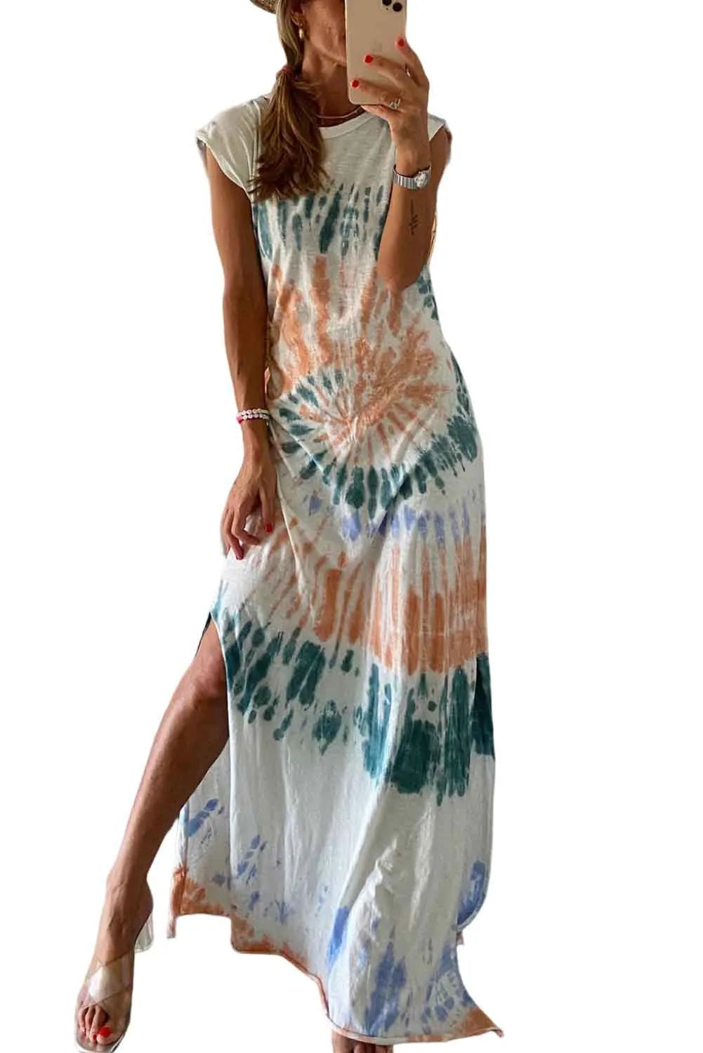 White Cap Sleeve Tie Dye Long Slit Dress - Chic Meadow Boutique 