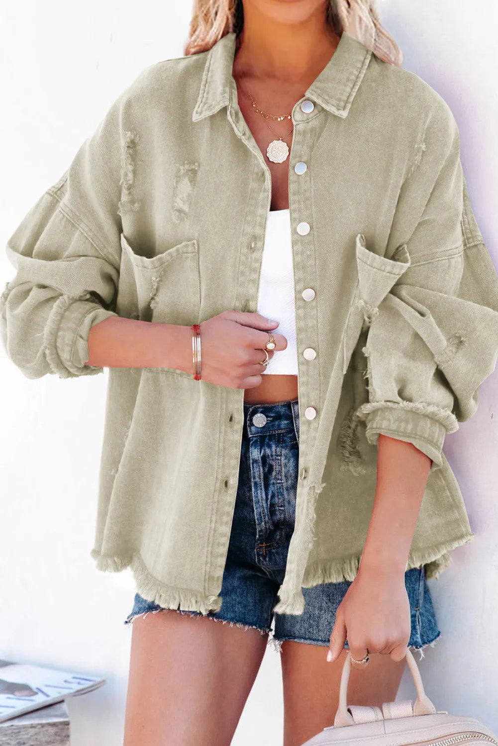 Green Distressed Fringe Trim Denim Jacket - Chic Meadow Boutique 