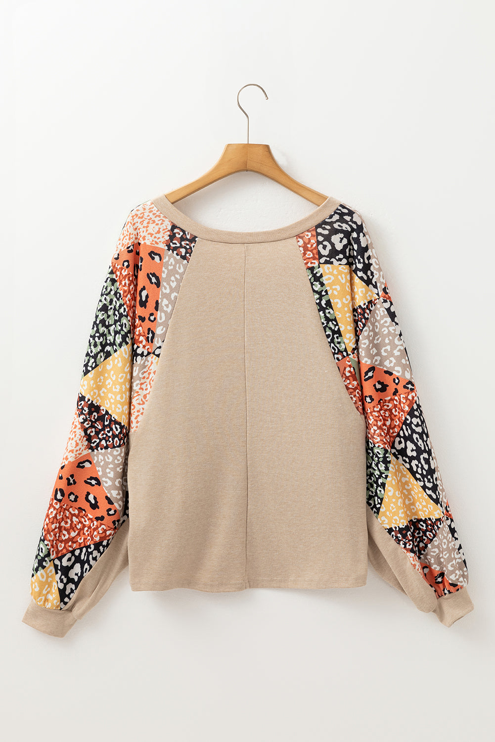 Parchment Contrast Printed Raglan Sleeves Patchwork V Neck Loose Top