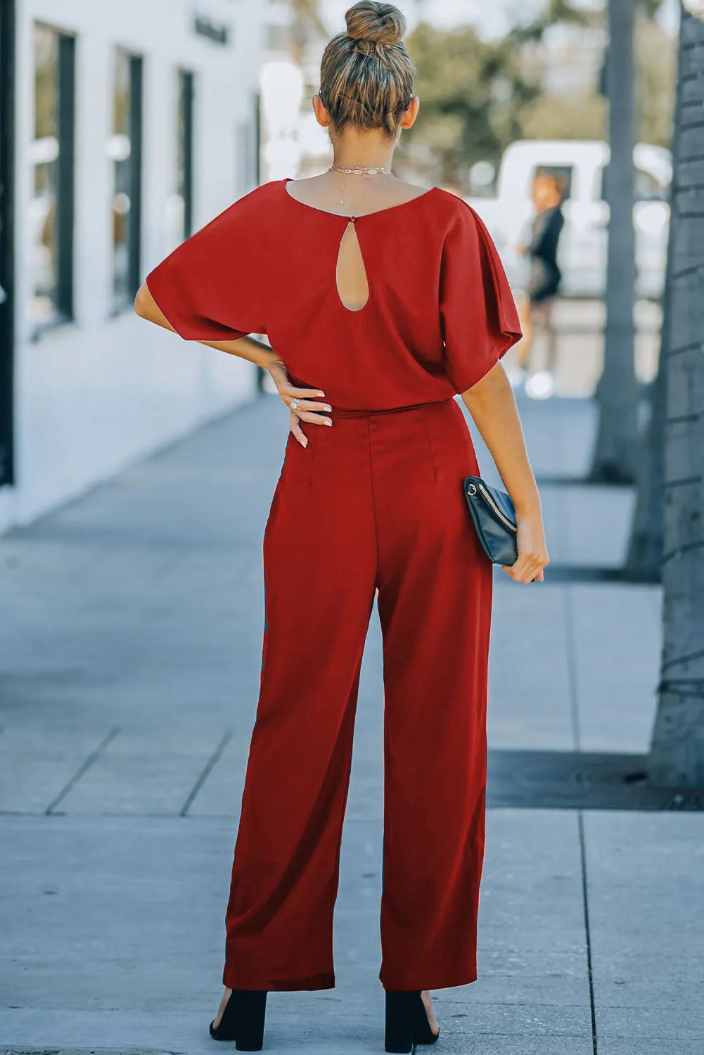 Fiery Red Belted Wide Leg Jumpsuit - Chic Meadow Boutique 