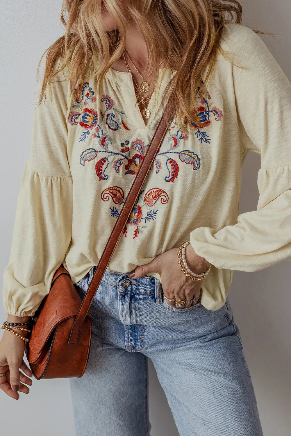 Apricot Paisley Floral Embroidered Notch V Neck Blouse - Chic Meadow Boutique 