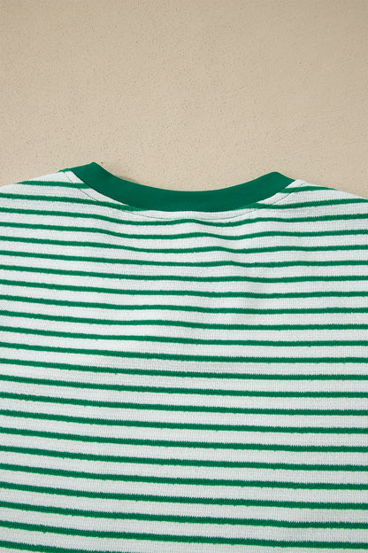 Green Stripe Crew Neck Tee Drawstring Waist Cropped Pants Set