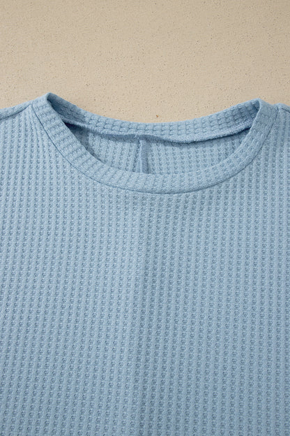 Beau Blue Waffle Textured Knit Dolman Short Sleeve Loose Top