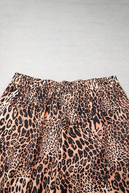 Khaki Leopard Print Colorblock Side Stripes Wide Leg Full Length Plus Size Pants