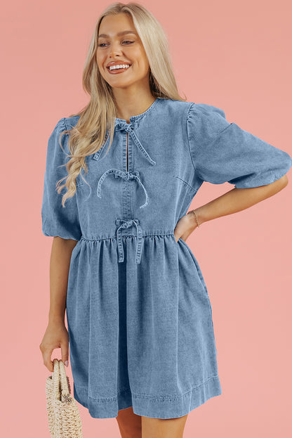 Dusk Blue Bowknot Bubble Sleeve Short Denim Dress