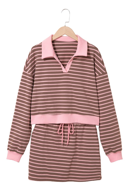 Brown Stripe Striped Drawstring Waist Long Sleeve Top Mini Skort Set