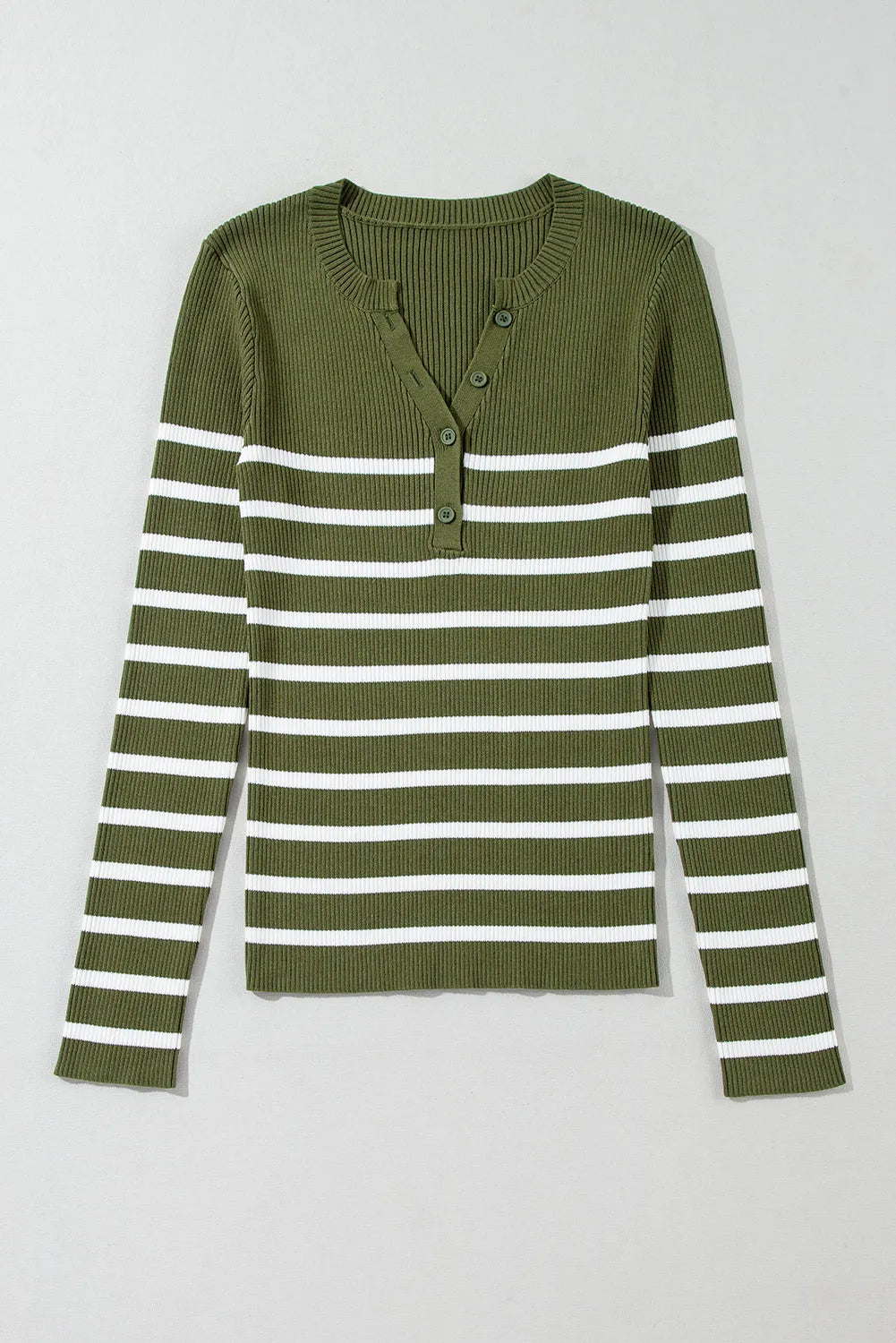 Green Stripe Ribbed Knit Henley Buttons Slim Fit Sweater - Chic Meadow Boutique 