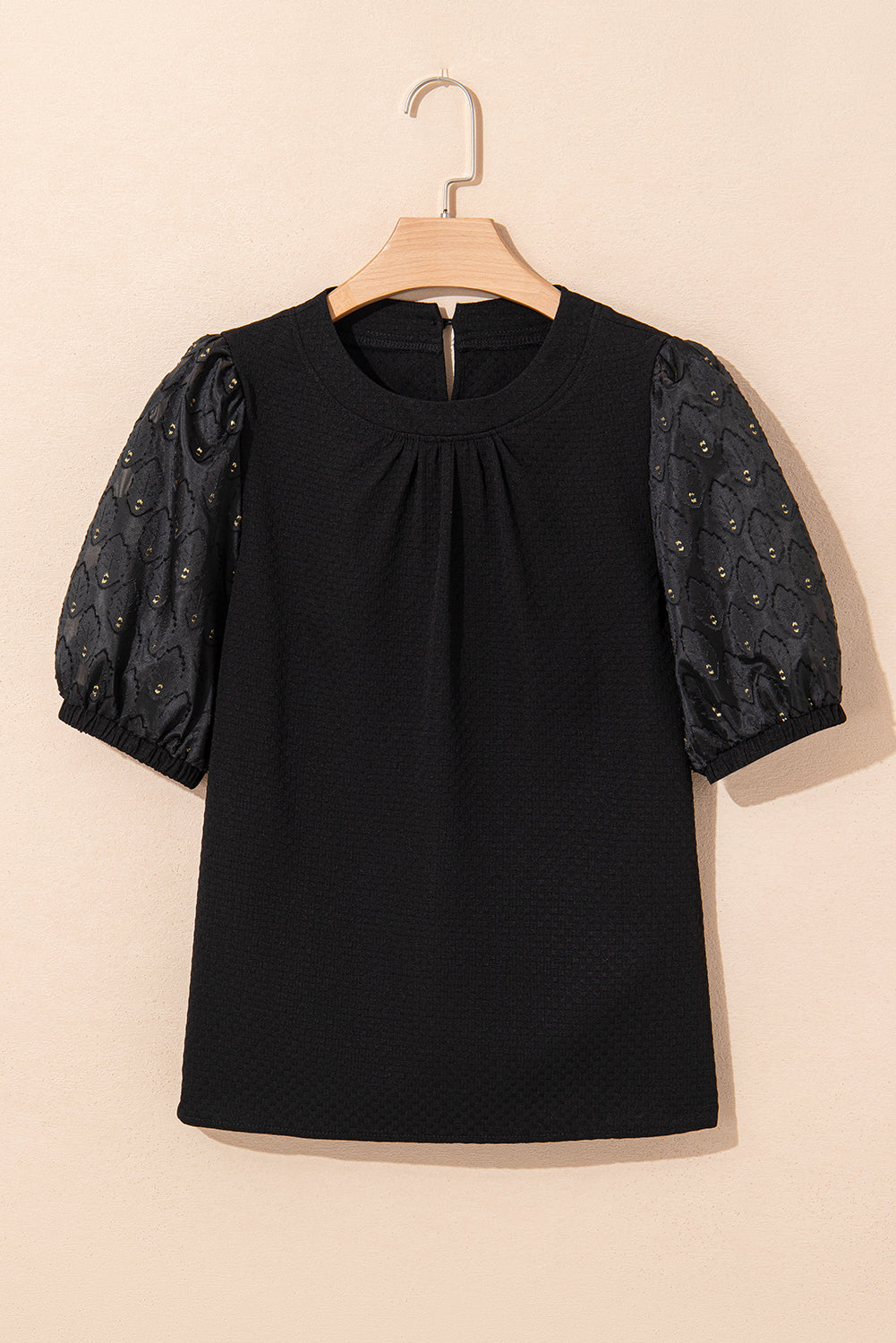 Black Feather Bubble Sleeve Patchwork Textured Blouse