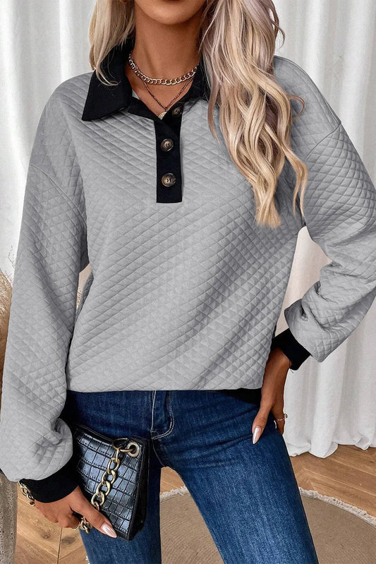 Light Grey Textured Colorblock Edge Buttoned Collar Sweatshirt - Chic Meadow Boutique 