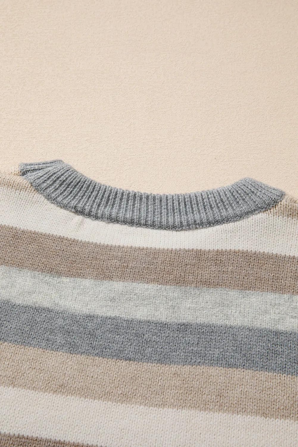 Sweaters & Cardigans/Sweaters Gray Stripe Color Block Ribbed Edge Round Neck Sweater