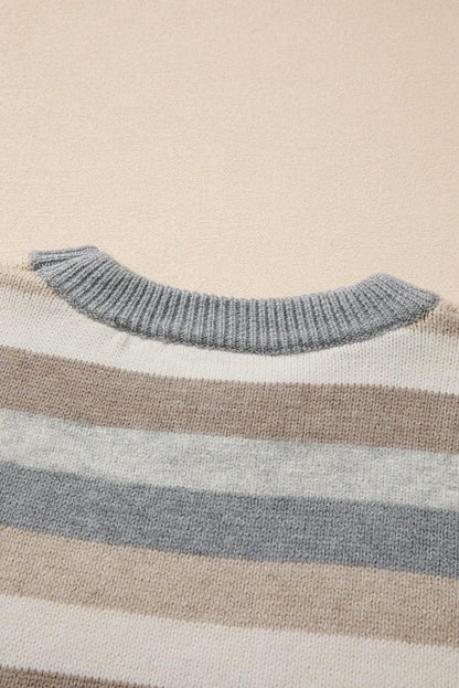 Sweaters & Cardigans/Sweaters Gray Stripe Color Block Ribbed Edge Round Neck Sweater