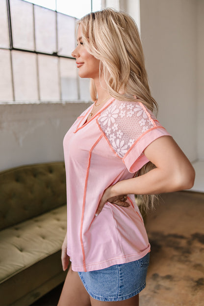 Light Pink Lace Patchwork Exposed Seam V Neck T Shirt