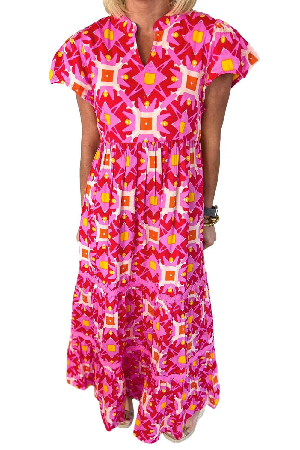 Strawberry Pink Geo Print V-neck Maxi Dress - Chic Meadow Boutique 