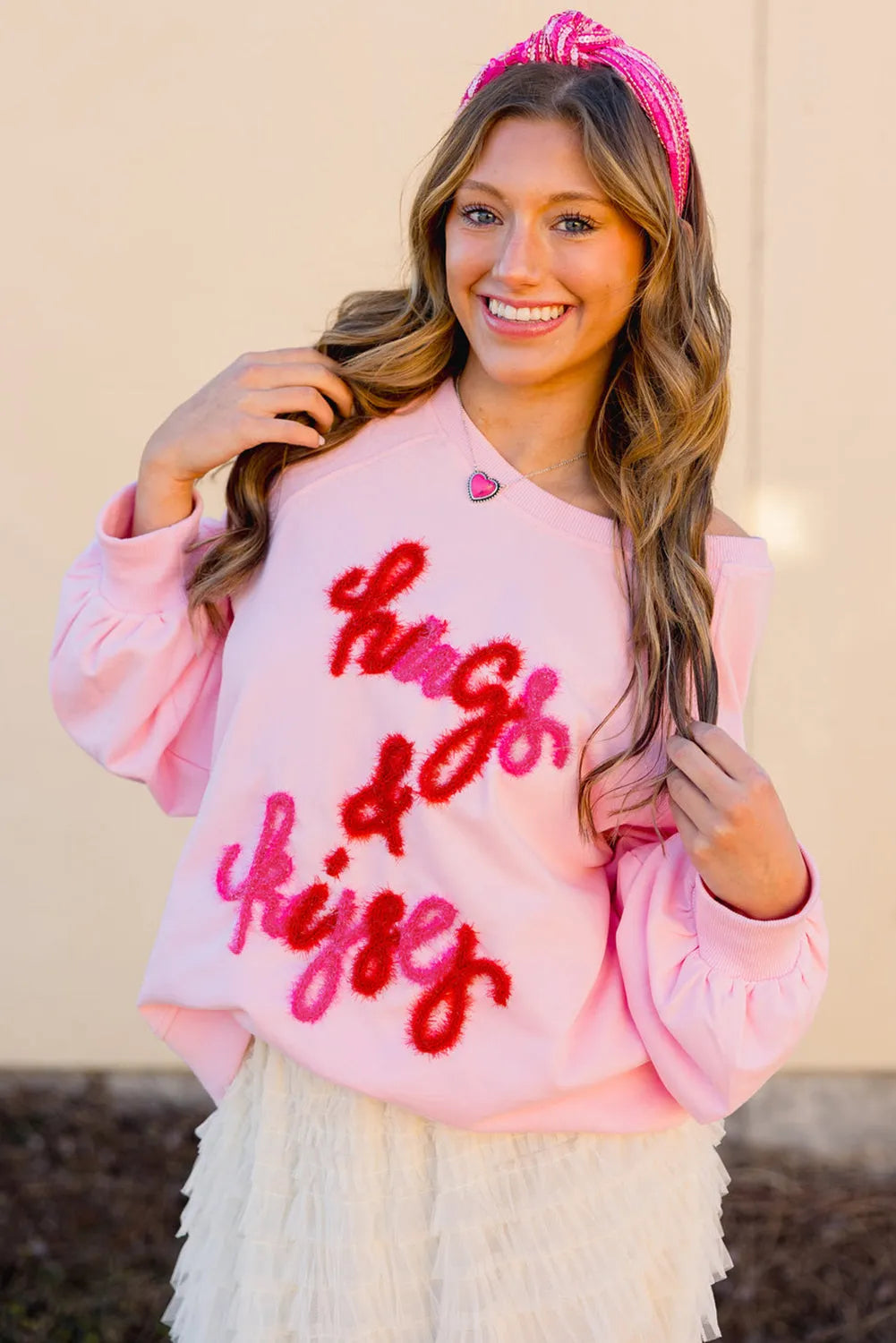 Pink Hugs and Kisses Pop Up Embroidered Raglan Sleeve Sweatshirt - Chic Meadow Boutique 