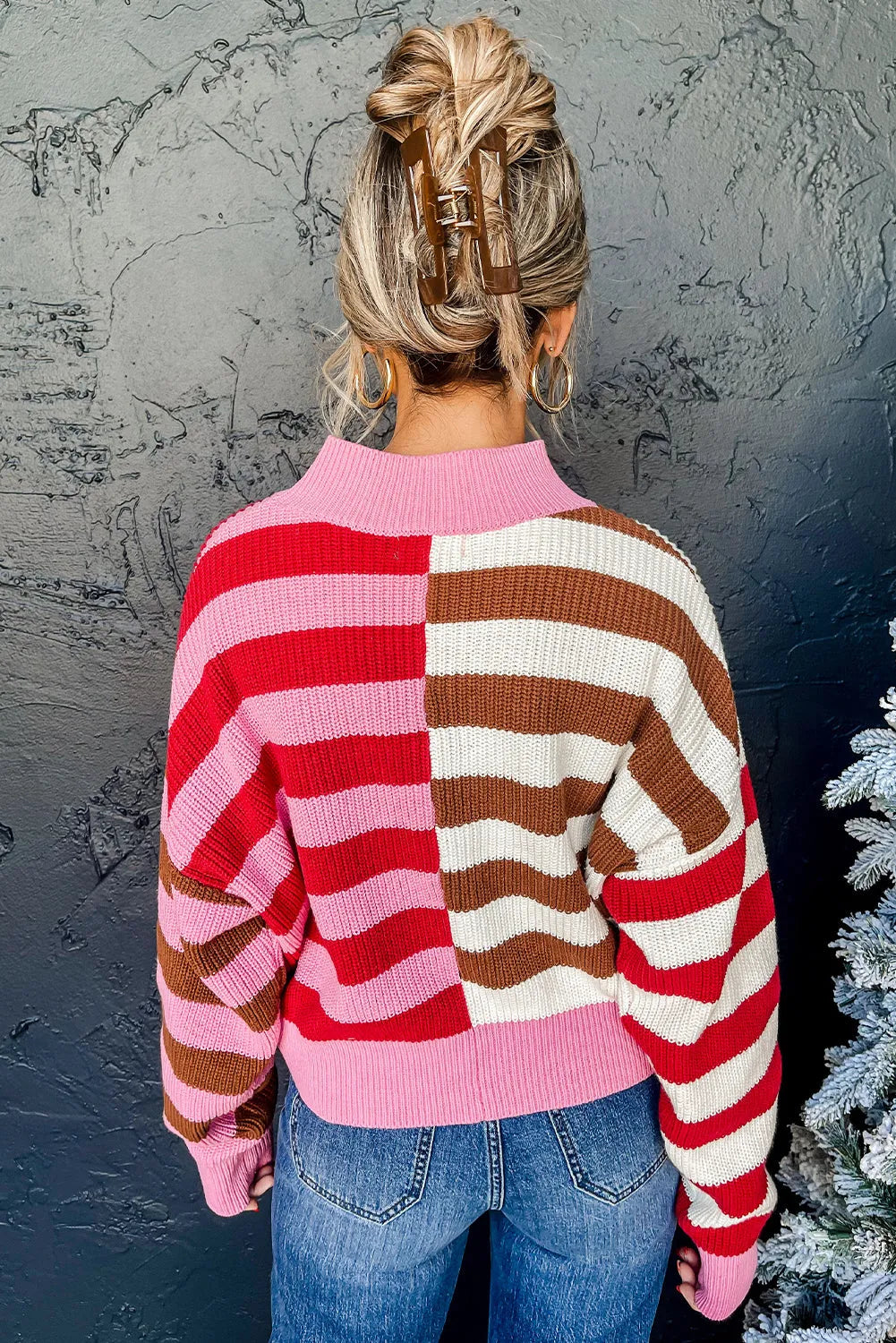 Pink Stripe Color Block High Neck Drop Shoulder Loose Sweater - Chic Meadow Boutique 